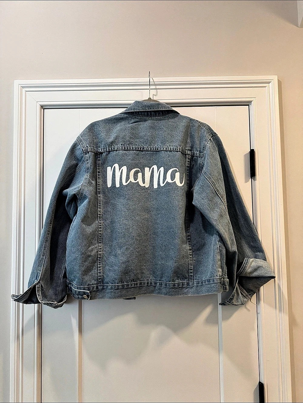 Custom Denim Jacket with Mama Back Graphic Size Small Like New